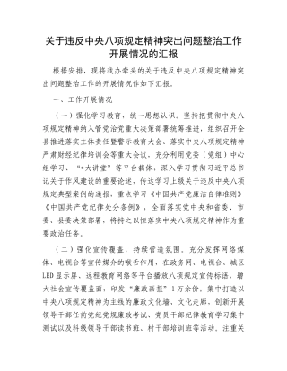 关于违反中央八项规定精神突出问题整治工作开展情况的汇报