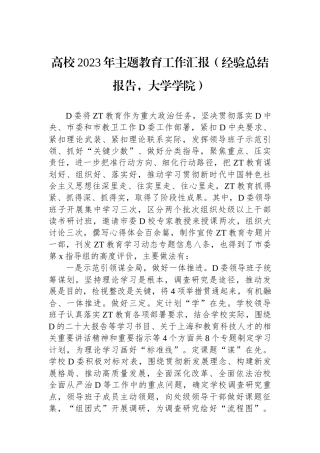高校2023年主题教育工作汇报（经验总结报告，大学学院）