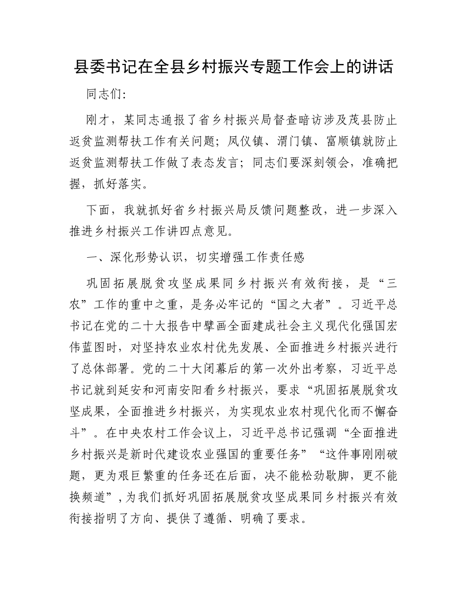 县委书记在全县乡村振兴专题工作会上的讲话_第1页