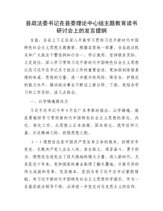 县政法委书记在县委理论中心组主题教育读书研讨会上的发言提纲