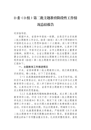 党委（党组）第二批主题教育阶段性工作情况总结报告