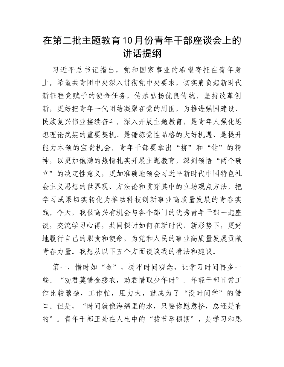 在第二批主题教育10月份青年干部座谈会上的讲话提纲_第1页