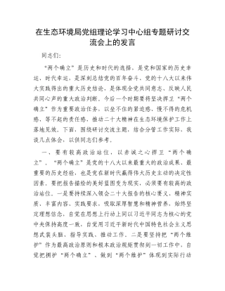 在生态环境局党组理论学习中心组专题研讨交流会上的发言