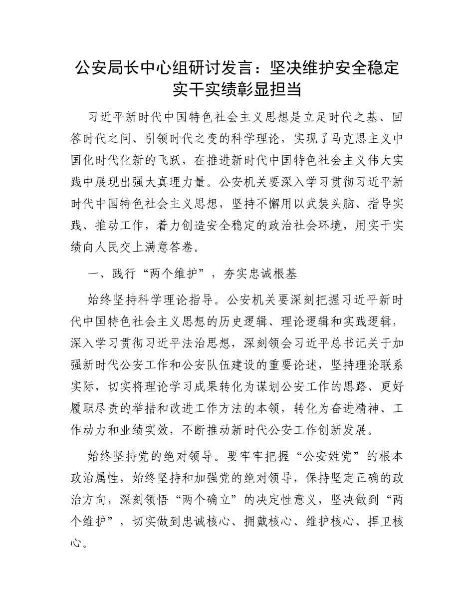 公安局长中心组研讨发言：坚决维护安全稳定实干实绩彰显担当_第1页