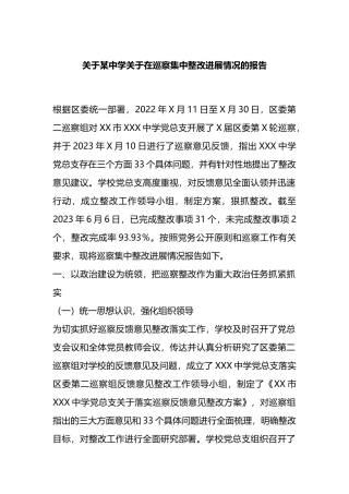 关于某中学关于在巡察集中整改进展情况的报告