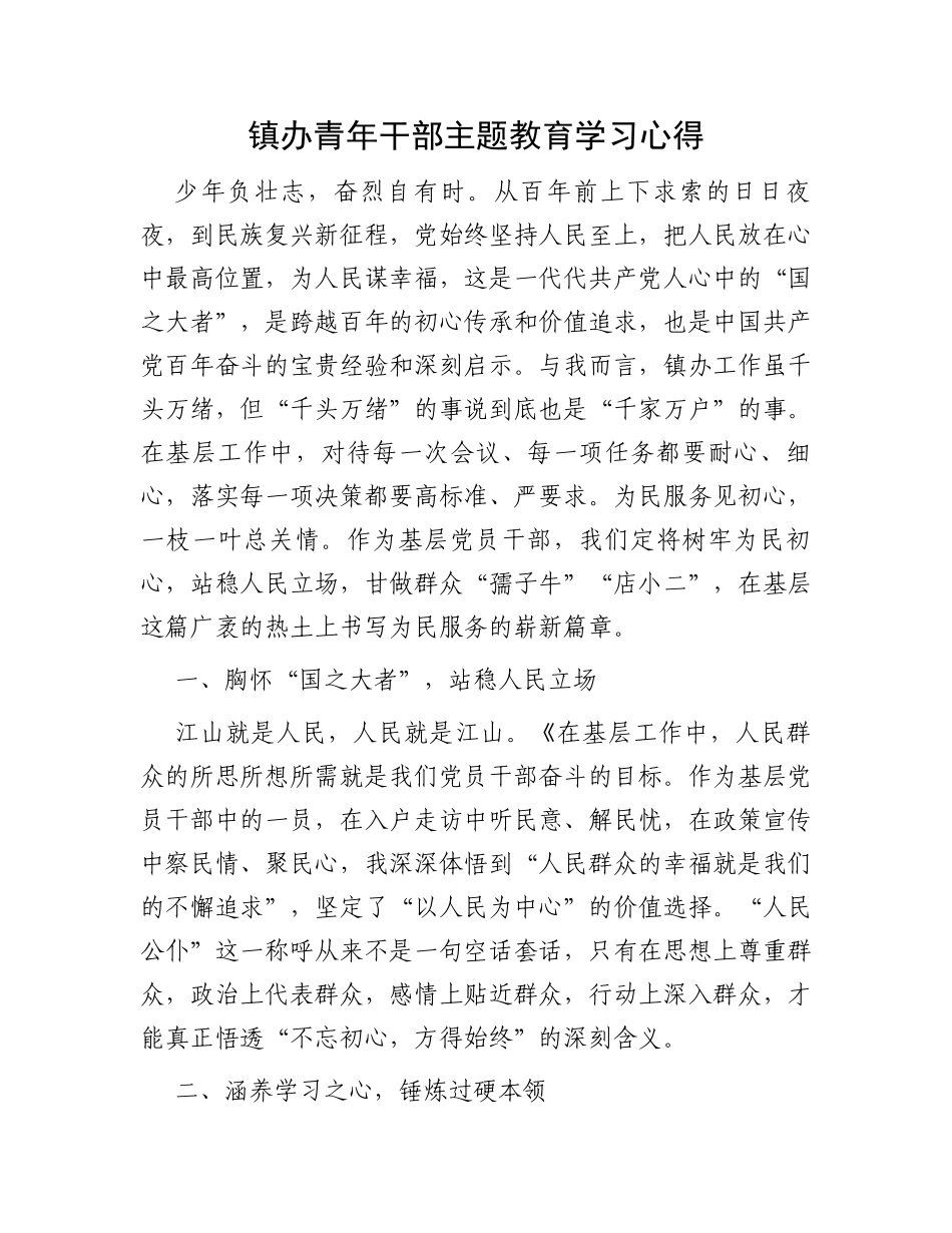 镇办青年干部主题教育学习心得_第1页