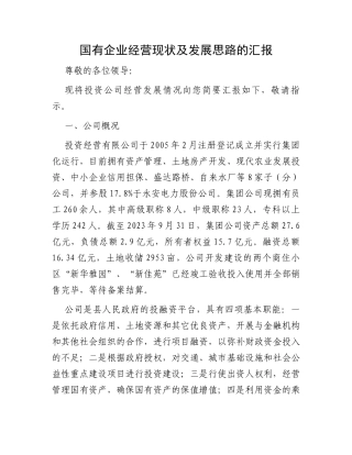 国有企业经营现状及发展思路的汇报