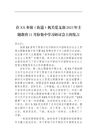 在XX乡镇（街道）机关党支部2023年主题教育11月份集中学习研讨会上的发言