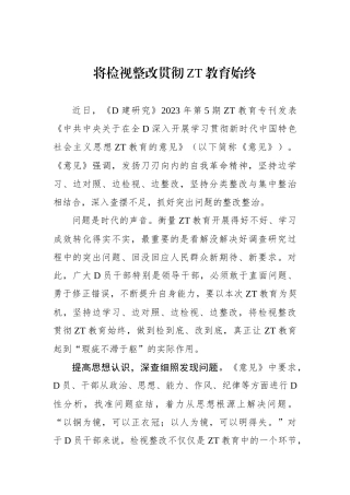 将检视整改贯彻主题教育始终