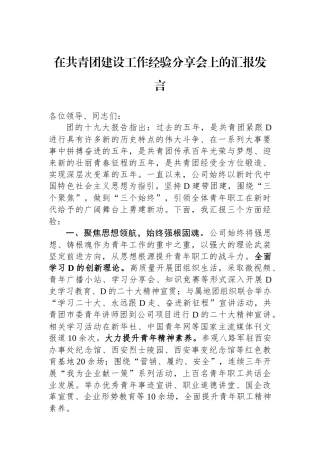在共青团建设工作经验分享会上的汇报发言