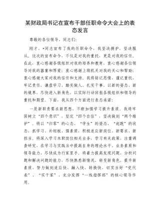 某财政局书记在宣布干部任职命令大会上的表态发言