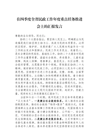 在四季度全省民政工作年度重点任务推进会上的汇报发言