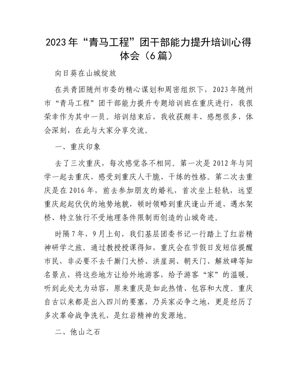 2023年“青马工程”团干部能力提升培训心得体会（6篇）_第1页