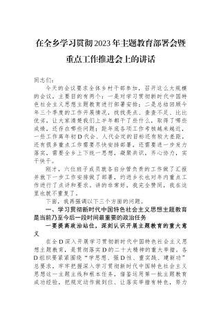 在全乡学习贯彻2023年主题教育部署会暨重点工作推进会上的讲话