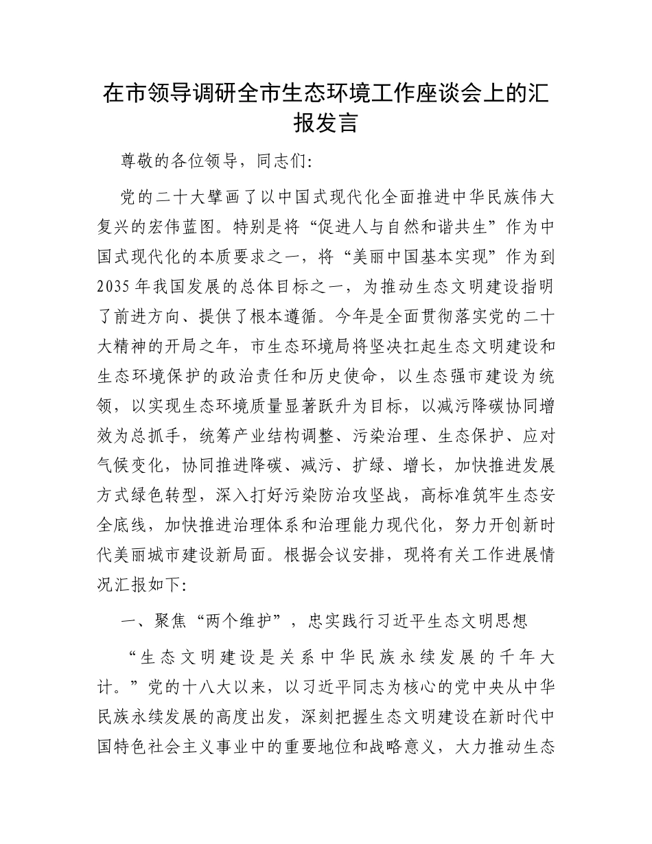 在市领导调研全市生态环境工作座谈会上的汇报发言_第1页