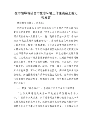 在市领导调研全市生态环境工作座谈会上的汇报发言