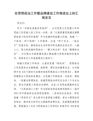 在思想政治工作暨品牌建设工作推进会上的汇报发言