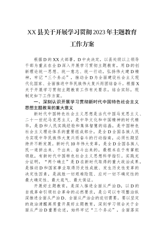 XX县关于开展学习贯彻2023年主题教育工作方案