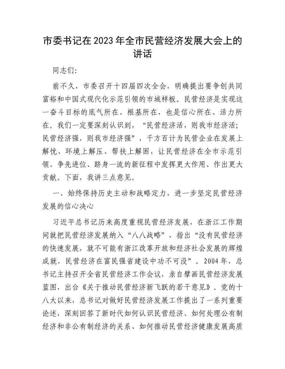 市委书记在2023年全市民营经济发展大会上的讲话_第1页