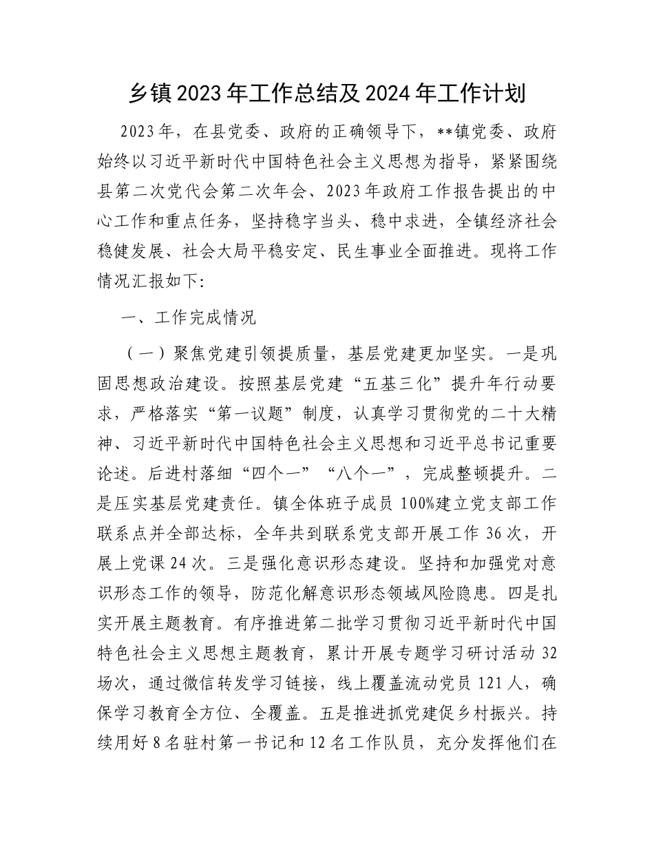 乡镇2023年工作总结及2024年工作计划_第1页
