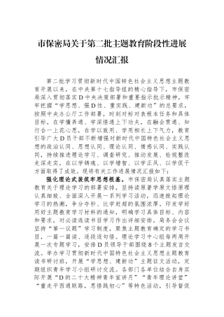 市保密局关于第二批主题教育阶段性进展情况汇报