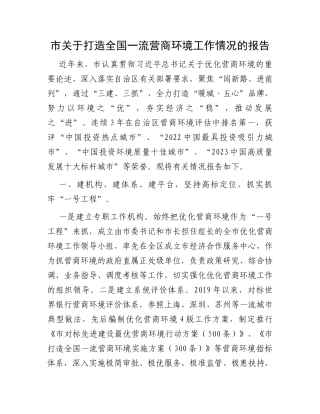 市关于打造全国一流营商环境工作情况的报告