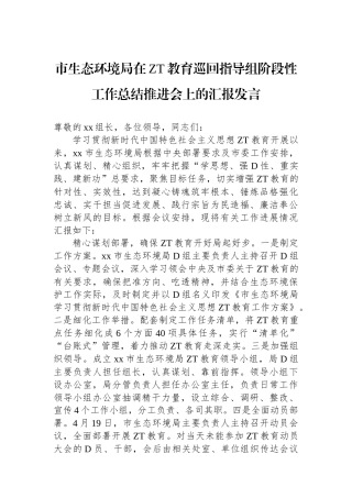市生态环境局在主题教育巡回指导组阶段性工作总结推进会上的汇报发言