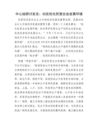 中心组研讨发言：切实优化民营企业发展环境