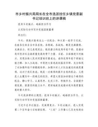 市乡村振兴局局长在全市选派挂任乡镇党委副书记培训班上的讲课稿
