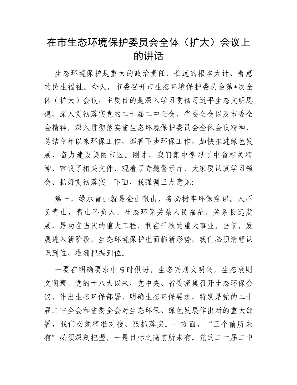 在市生态环境保护委员会全体（扩大）会议上的讲话_第1页