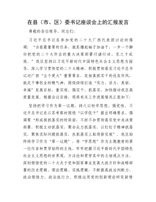 在县（市、区）委书记座谈会上的汇报发言