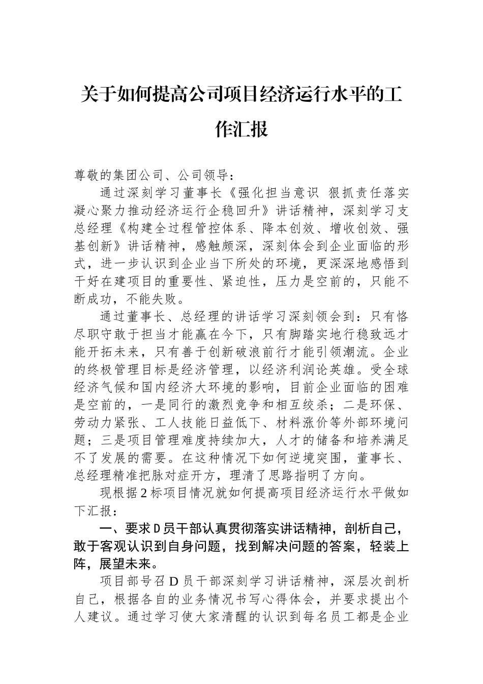 关于如何提高公司项目经济运行水平的工作汇报_第1页