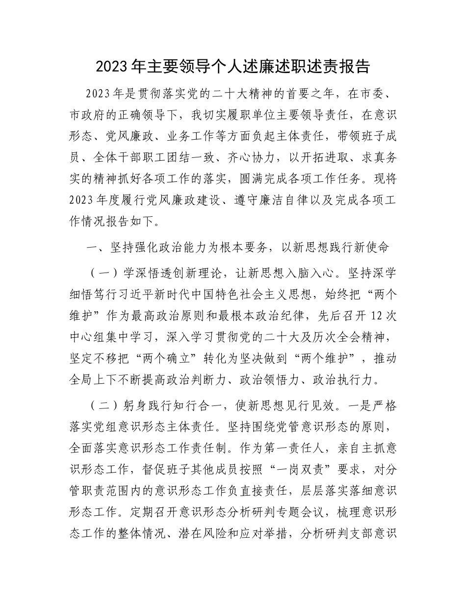 2023年主要领导个人述廉述职述责报告_第1页