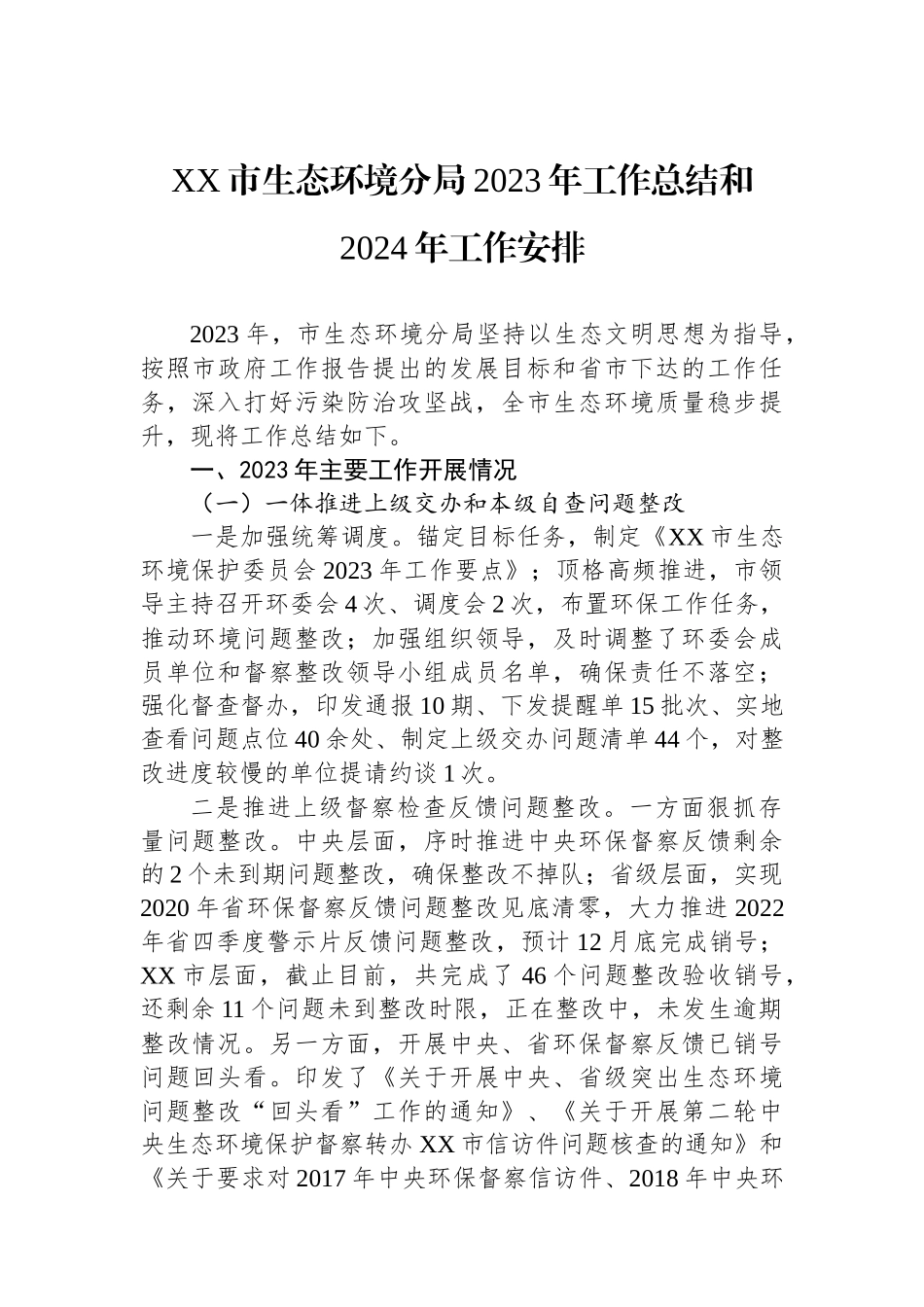 XX市生态环境分局2023年工作总结和2024年工作安排_第1页