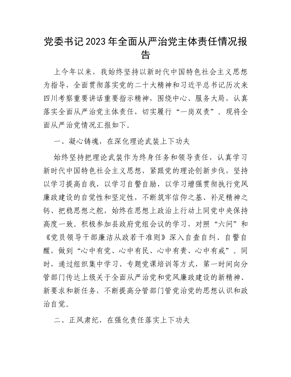 党委书记2023年全面从严治党主体责任情况报告_第1页