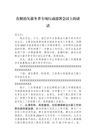 在根治欠薪冬季专项行动部署会议上的讲话