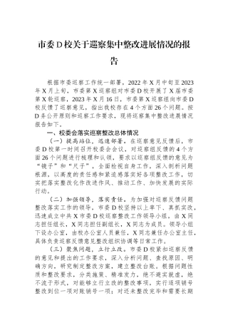 市委党校关于巡察集中整改进展情况的报告