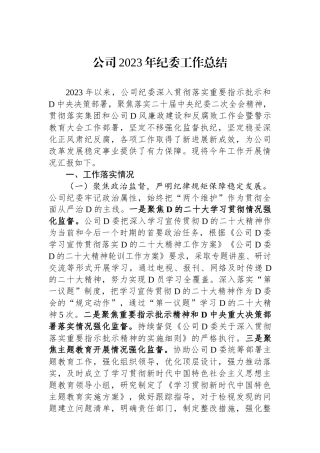 公司2023年纪委工作总结