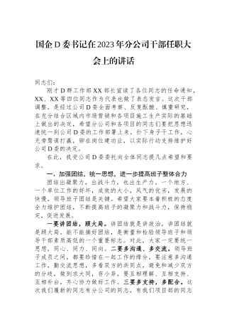 国企党委书记在2023年分公司干部任职大会上的讲话
