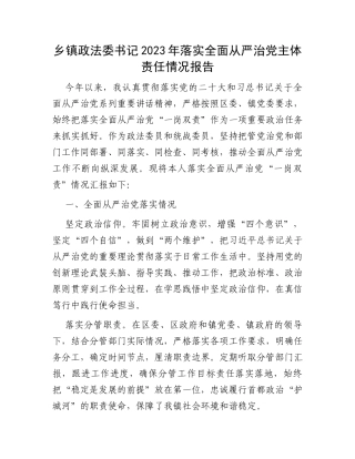 乡镇政法委书记2023年落实全面从严治党主体责任情况报告