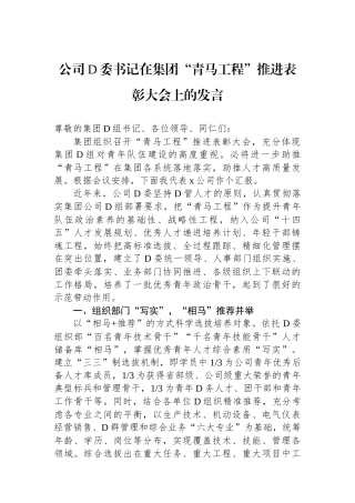 公司党委书记在集团“青马工程”推进表彰大会上的发言