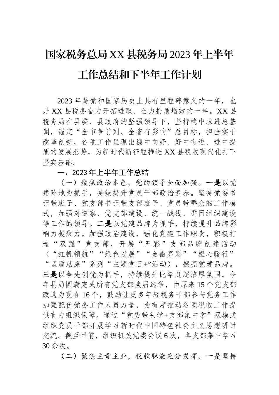 国家税务总局XX县税务局2023年上半年工作总结和下半年工作计划_第1页