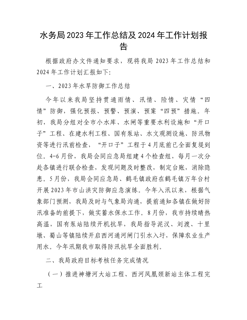 水务局2023年工作总结及2024年工作计划报告_第1页
