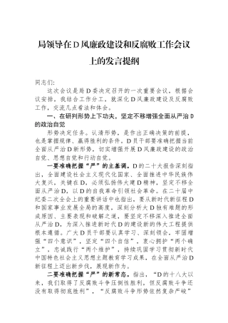 局领导在党风廉政建设和反腐败工作会议上的发言提纲