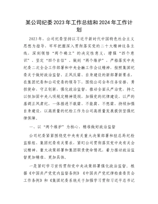 某公司纪委2023年工作总结和2024年工作计划