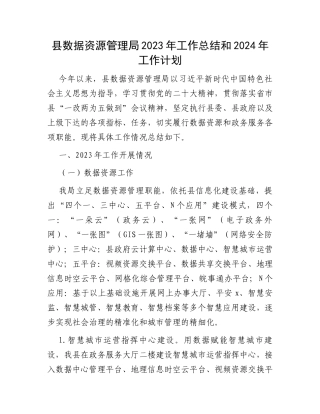 县数据资源管理局2023年工作总结和2024年工作计划