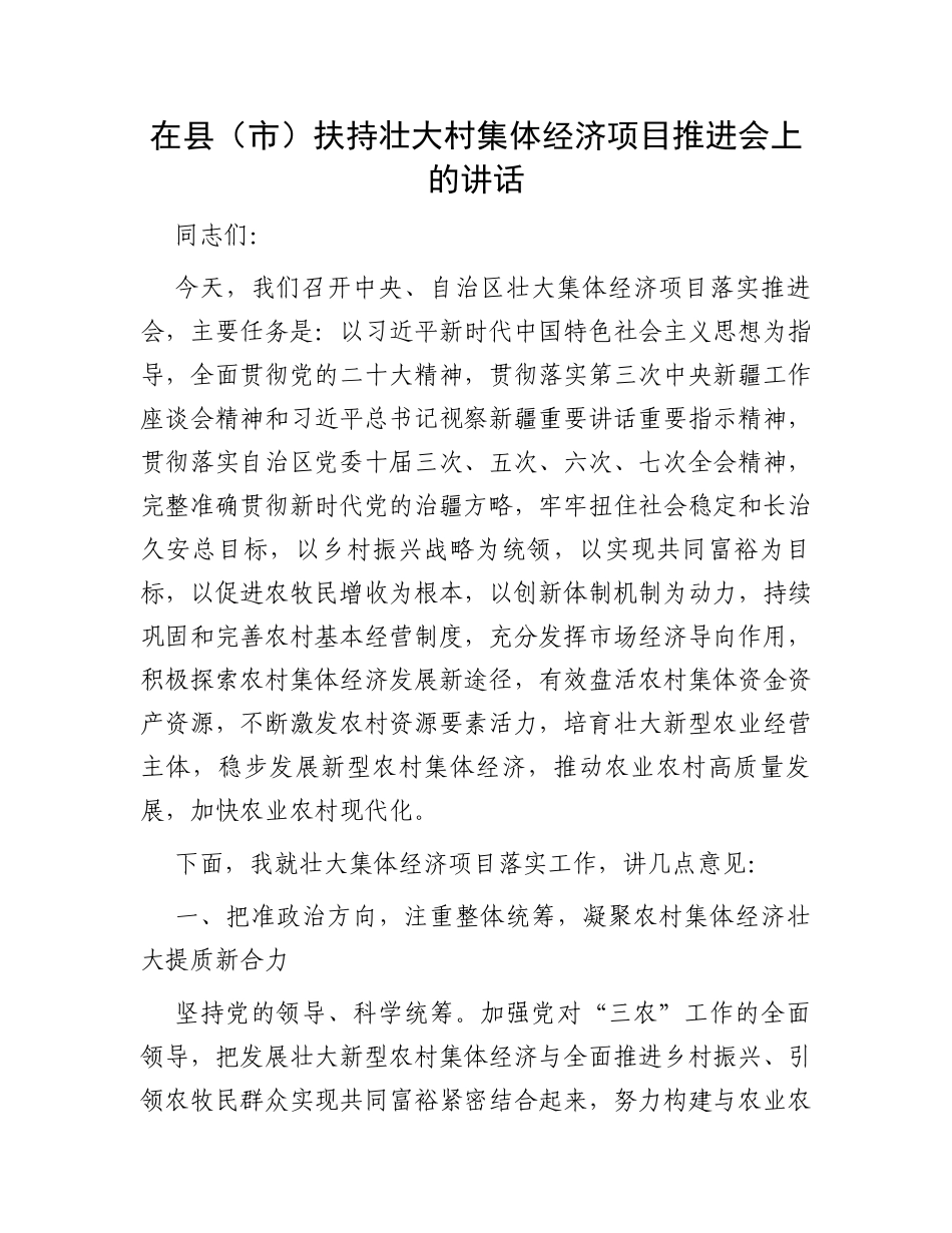 在县（市）扶持壮大村集体经济项目推进会上的讲话_第1页