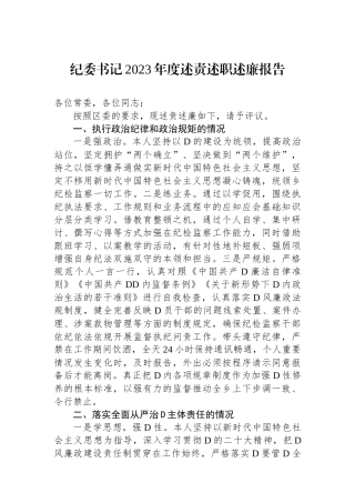 纪委书记2023年度述责述职述廉报告