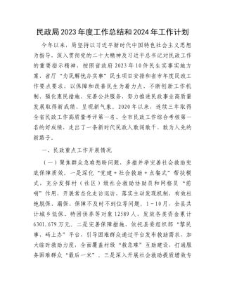 民政局2023年度工作总结和2024年工作计划
