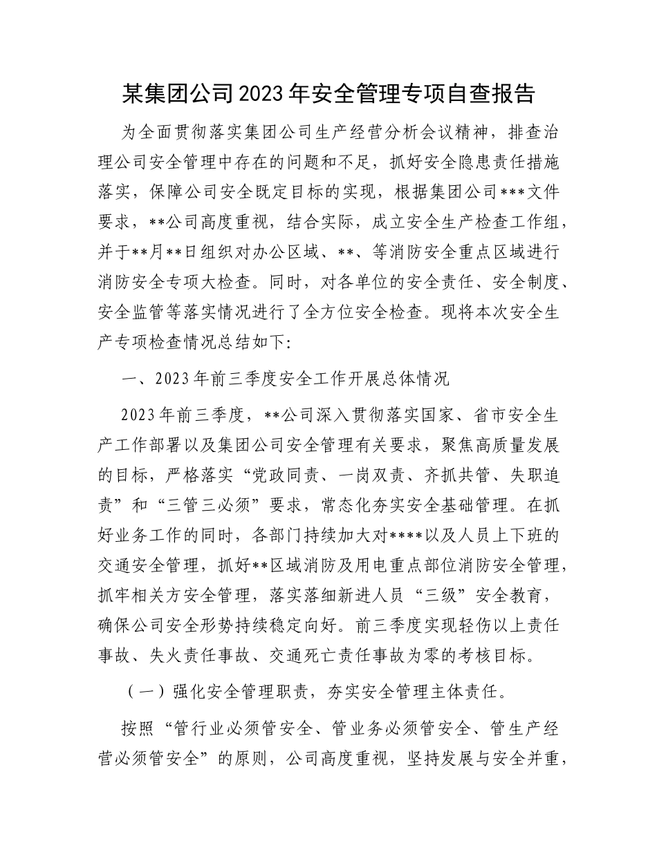 某集团公司2023年安全管理专项自查报告_第1页